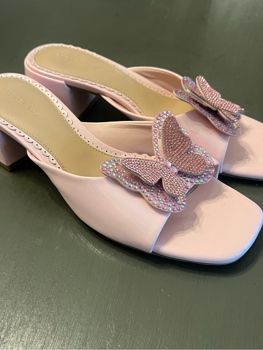 Copper Key Pink Butterfly Rhinestone Block Heel Mules